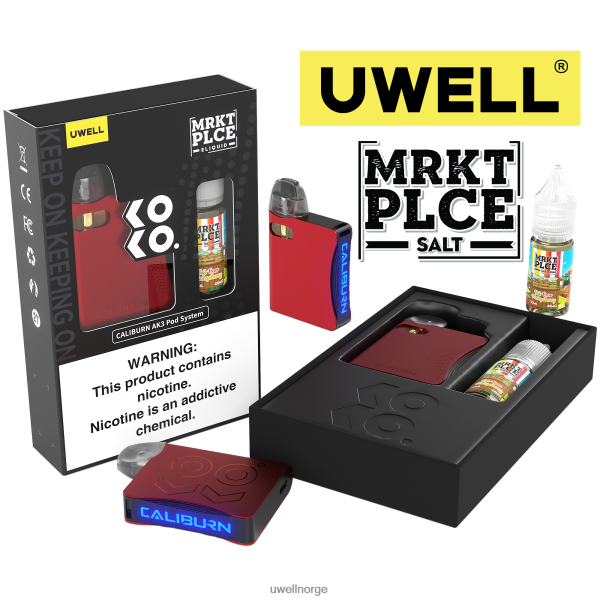 UWELL Vape Price - UWELL CALIBURN AK3 sett + a3s 0,8 ohm pods (x2) + pappas damp 10ml salter 50mg D6204Z245 crl: rød/flv: fuji pære mangobær